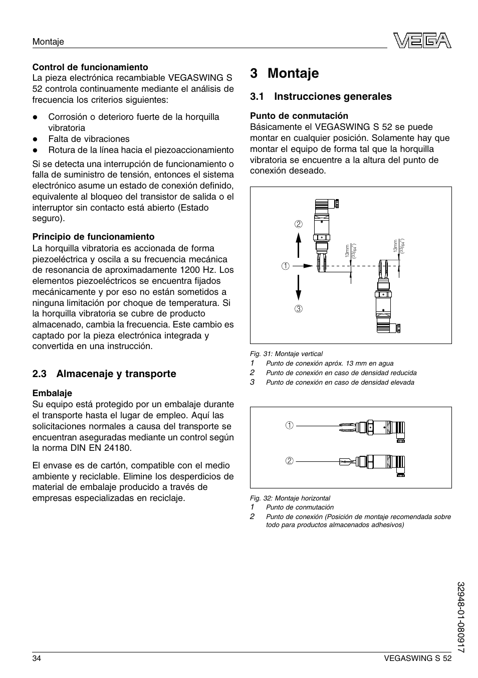 3 almacenaje y transporte, 3 montaje, 1 instrucciones generales | 3 m ontaje | VEGA VEGASWING S 52 User Manual | Page 34 / 44