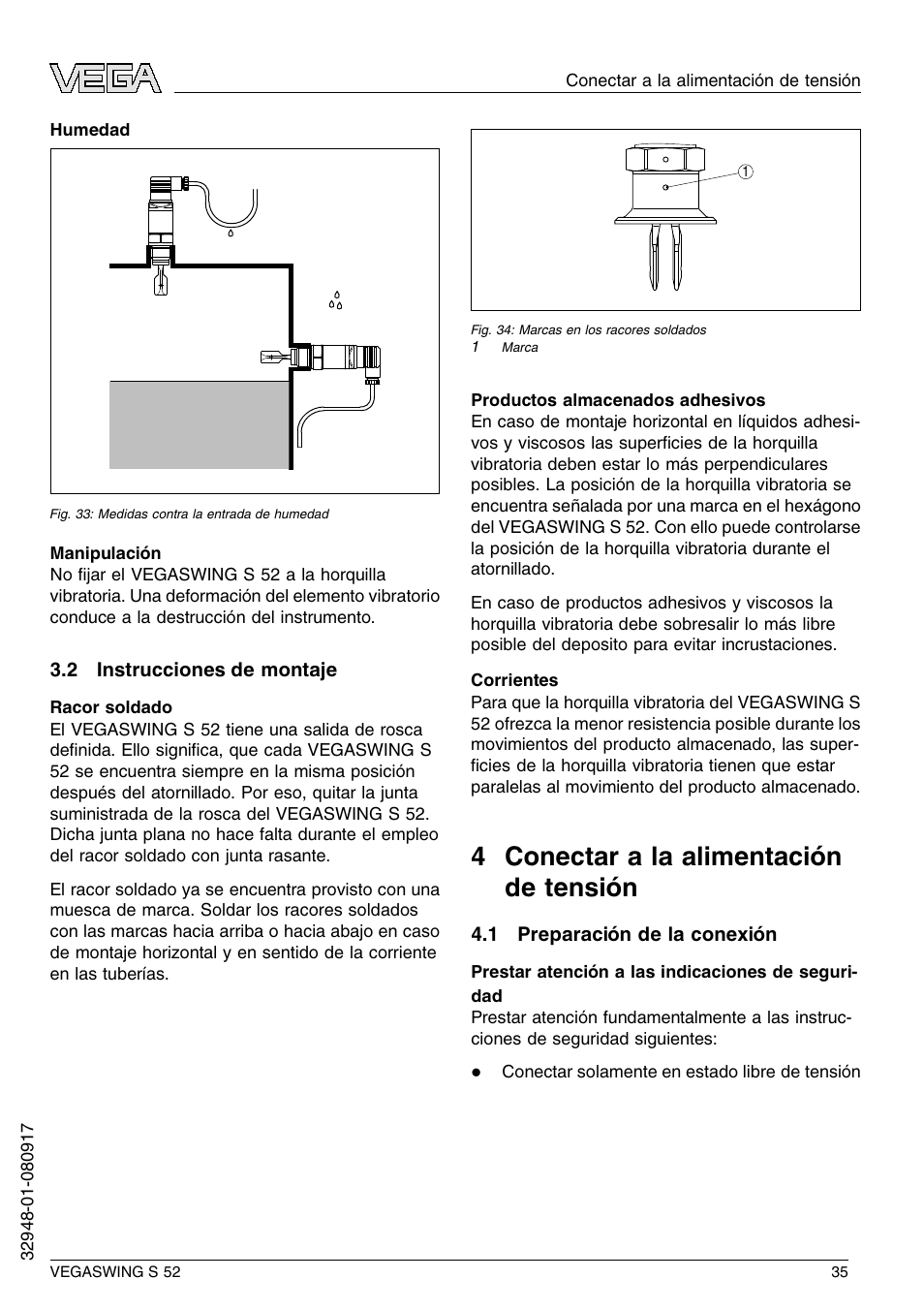 2 instrucciones de montaje, 4 conectar a la alimentación de tensión, 1 preparación de la conexión | 4 c onectar a la alimentación de tensión | VEGA VEGASWING S 52 User Manual | Page 35 / 44