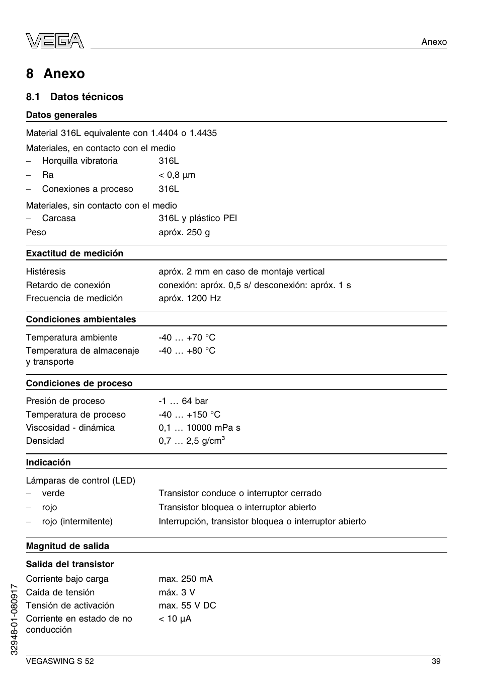 8 anexo, 1 datos técnicos, 8 a nexo | VEGA VEGASWING S 52 User Manual | Page 39 / 44