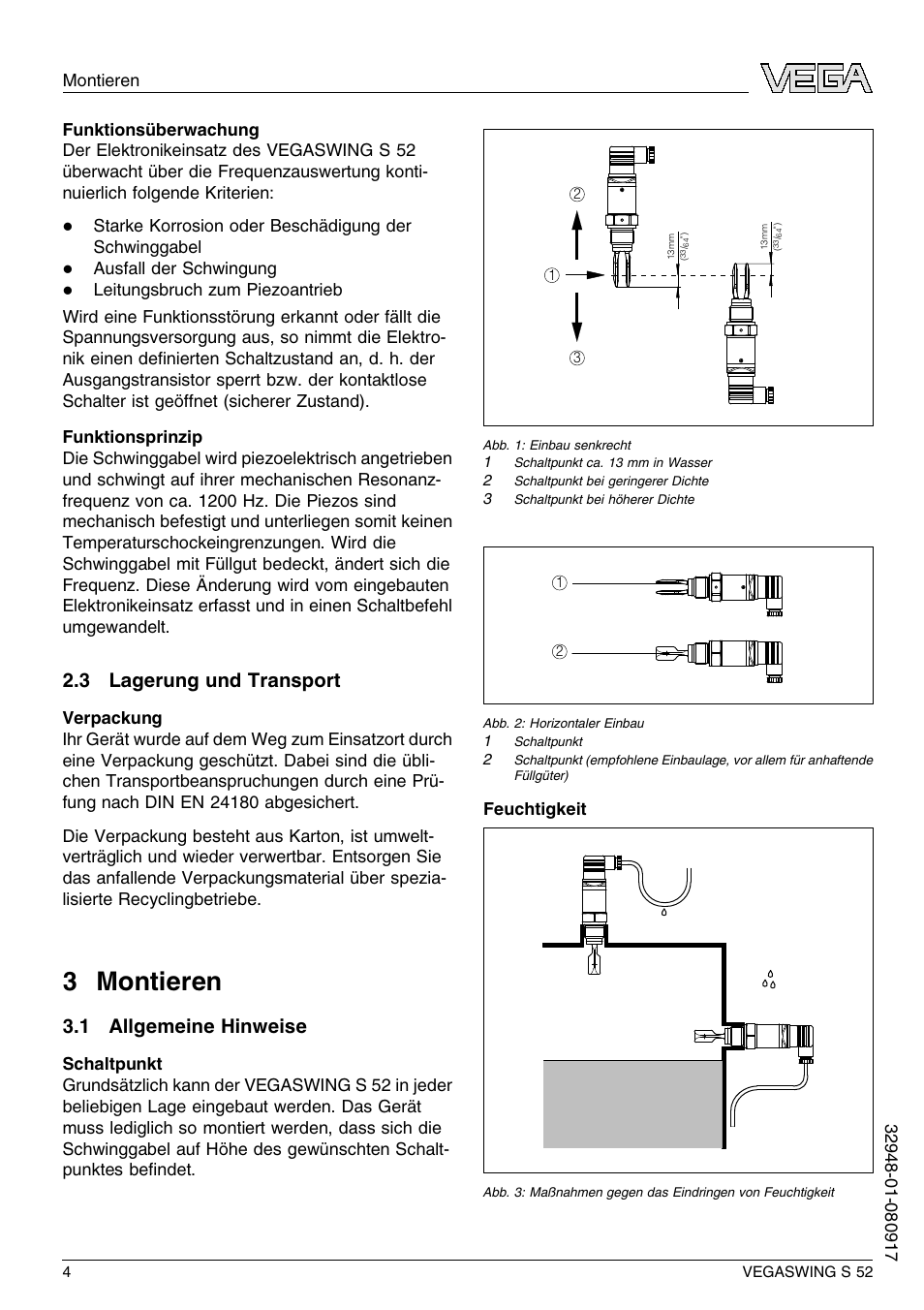 3 lagerung und transport, 3 montieren, 1 allgemeine hinweise | 3 m ontieren | VEGA VEGASWING S 52 User Manual | Page 4 / 44