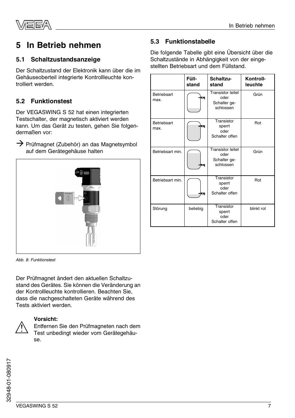 5 in betrieb nehmen, 1 schaltzustandsanzeige, 2 funktionstest | 3 funktionstabelle, 5 i n betrieb nehmen | VEGA VEGASWING S 52 User Manual | Page 7 / 44