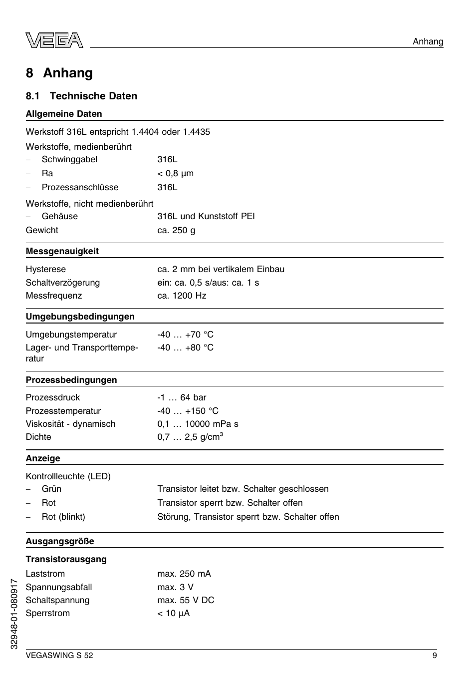 8 anhang, 1 technische daten, 8 a nhang | VEGA VEGASWING S 52 User Manual | Page 9 / 44