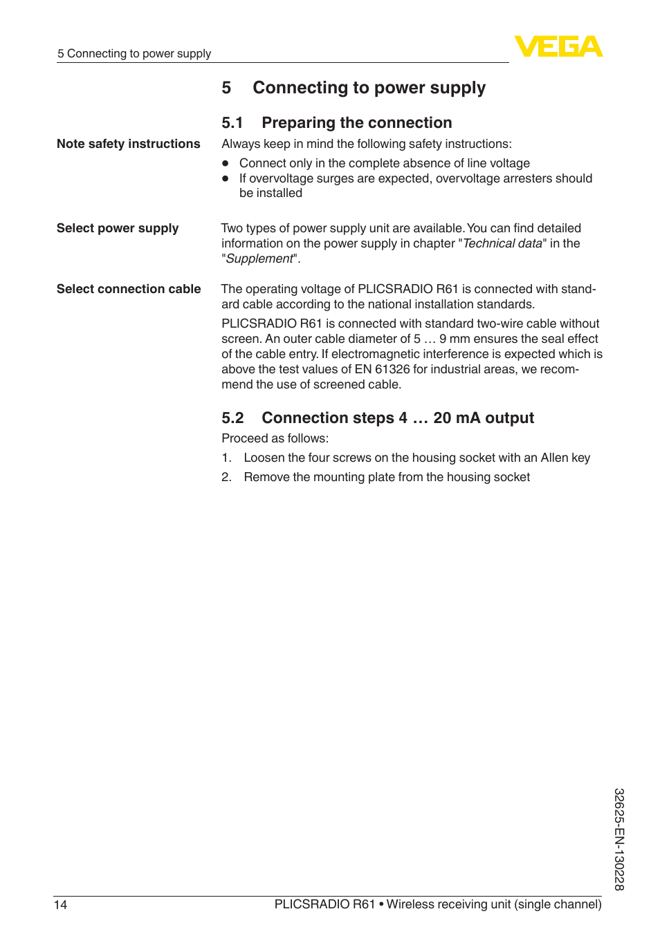 5 connecting to power supply | VEGA PLICSRADIO R61 Wireless receiving unit User Manual | Page 14 / 40