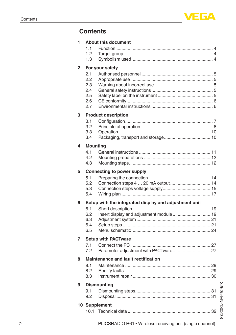 VEGA PLICSRADIO R61 Wireless receiving unit User Manual | Page 2 / 40