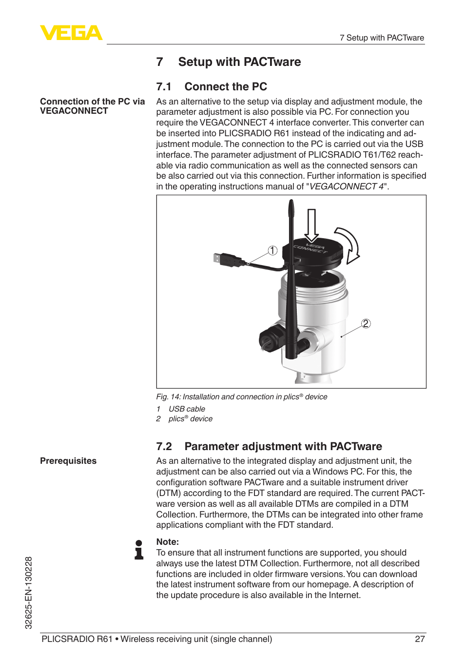 7 setup with pactware, 1 connect the pc, 2 parameter adjustment with pactware | VEGA PLICSRADIO R61 Wireless receiving unit User Manual | Page 27 / 40