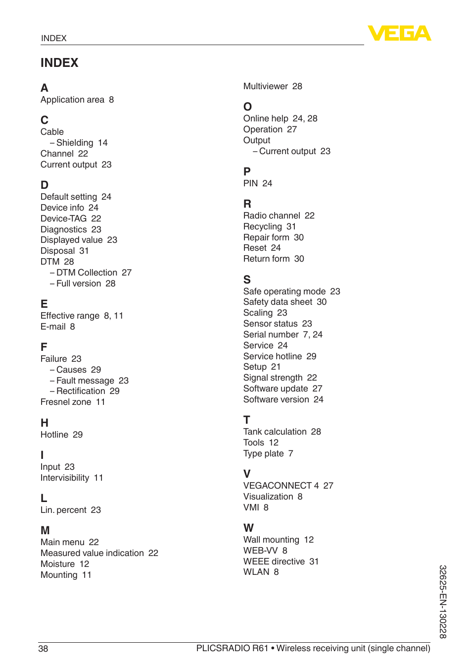 Index | VEGA PLICSRADIO R61 Wireless receiving unit User Manual | Page 38 / 40