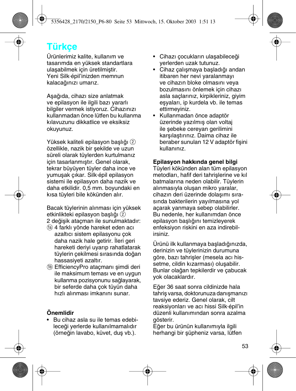 Türkçe | Braun TYPE 5316 User Manual | Page 52 / 76