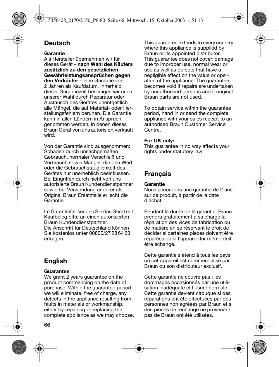 Deutsch, English, Français | Braun TYPE 5316 User Manual | Page 65 / 76