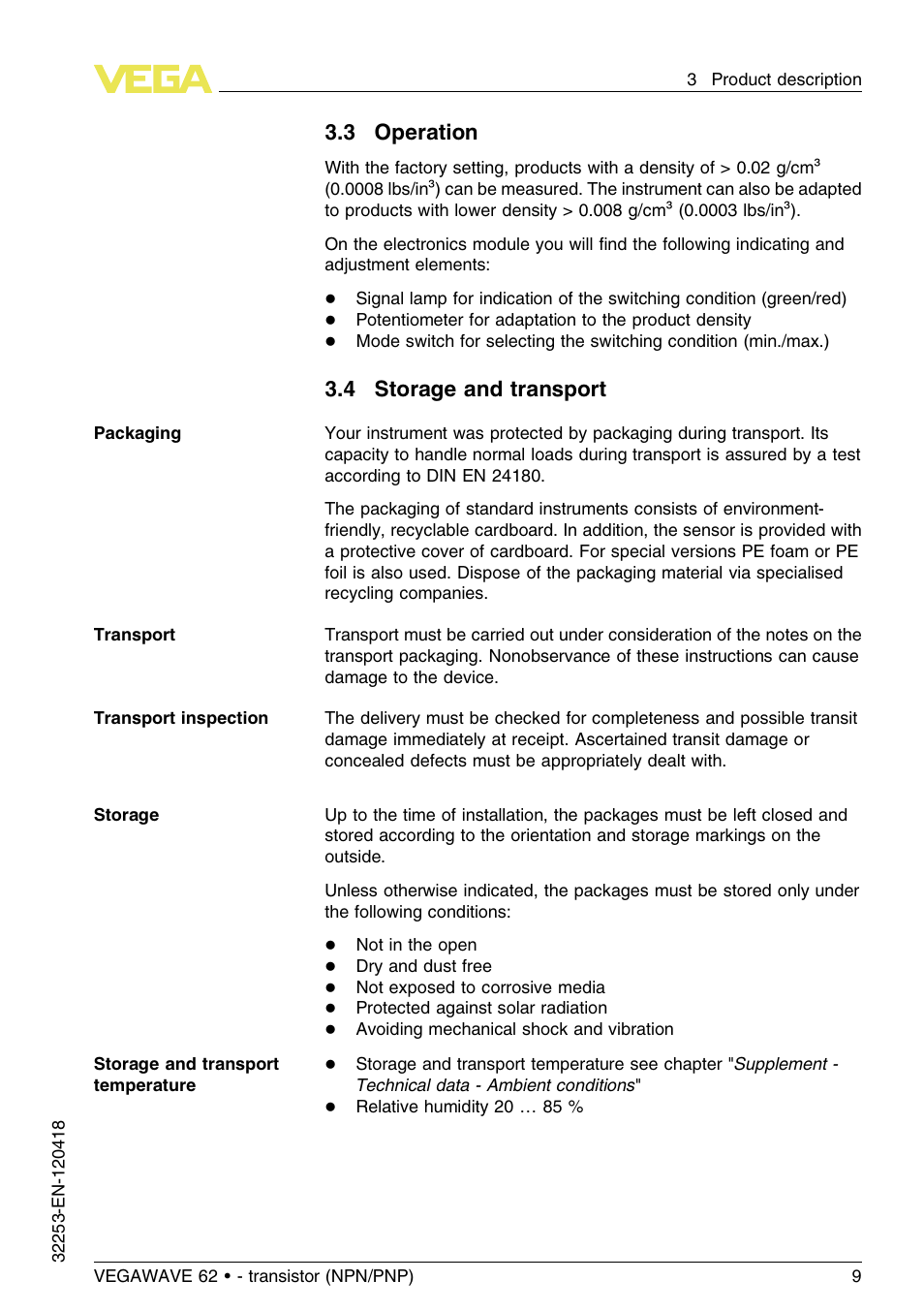 3 operation, 4 storage and transport | VEGA VEGAWAVE 62 - transistor (NPN-PNP) User Manual | Page 9 / 36