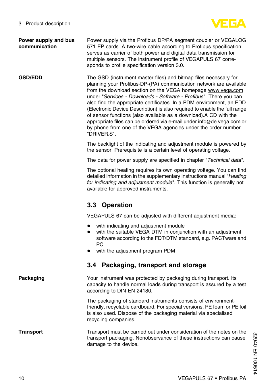 3 operation, 4 packaging, transport and storage | VEGA VEGAPULS 67 (≥ 2.0.0 - ≤ 3.8) Proﬁbus PA User Manual | Page 10 / 68