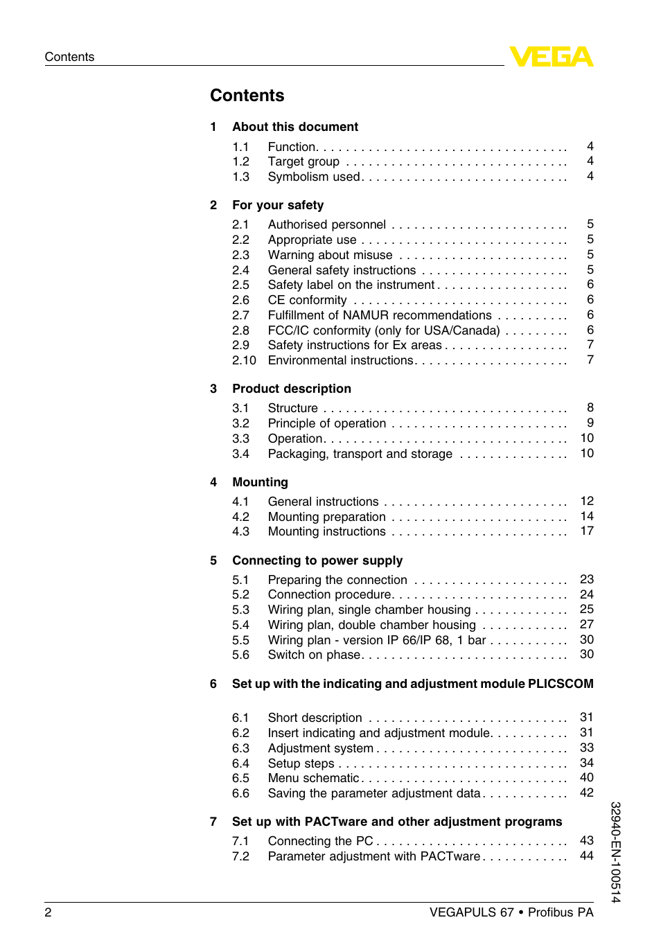 VEGA VEGAPULS 67 (≥ 2.0.0 - ≤ 3.8) Proﬁbus PA User Manual | Page 2 / 68