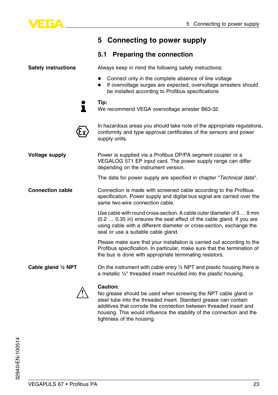 5 connecting to power supply, 1 preparing the connection | VEGA VEGAPULS 67 (≥ 2.0.0 - ≤ 3.8) Proﬁbus PA User Manual | Page 23 / 68