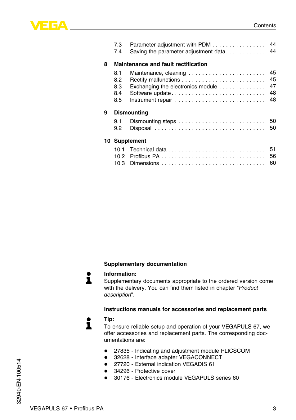 VEGA VEGAPULS 67 (≥ 2.0.0 - ≤ 3.8) Proﬁbus PA User Manual | Page 3 / 68