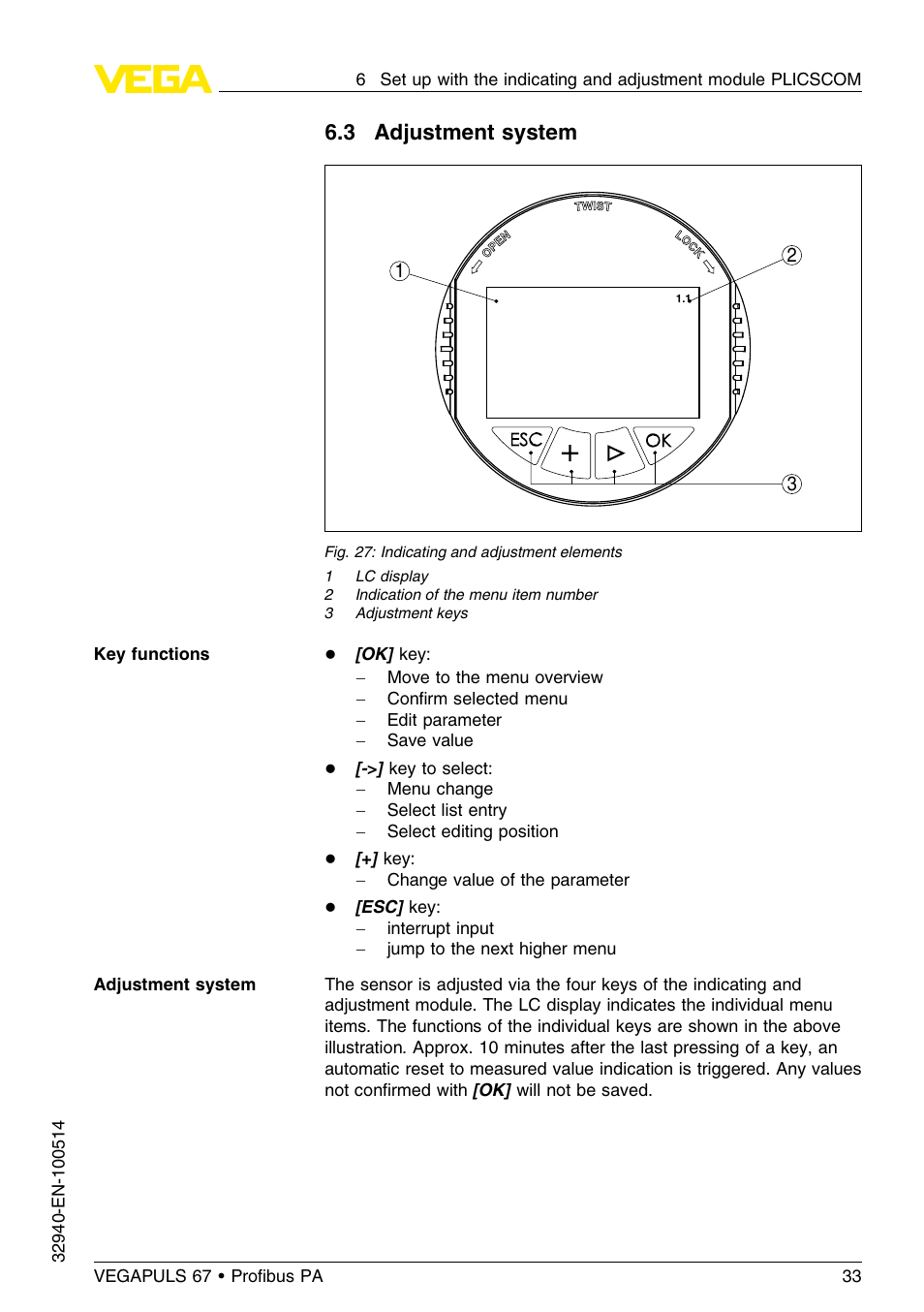 3 adjustment system | VEGA VEGAPULS 67 (≥ 2.0.0 - ≤ 3.8) Proﬁbus PA User Manual | Page 33 / 68