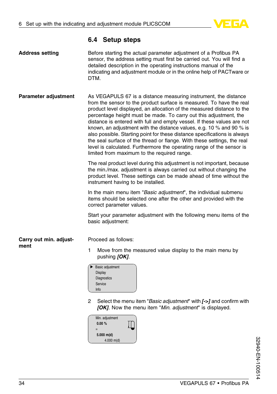 4 setup steps | VEGA VEGAPULS 67 (≥ 2.0.0 - ≤ 3.8) Proﬁbus PA User Manual | Page 34 / 68