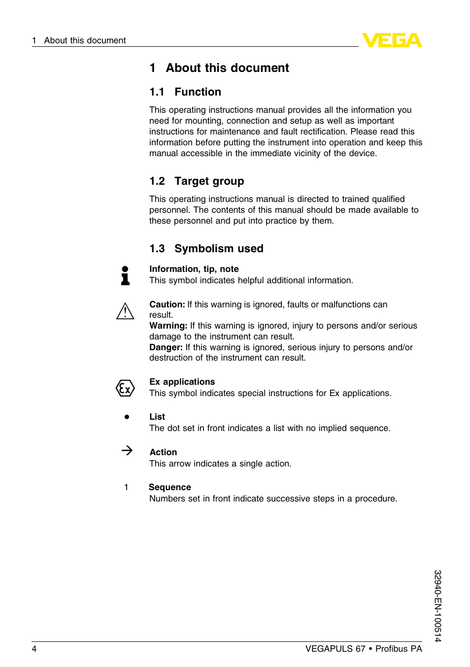 1 about this document, 1 function, 2 target group | 3 symbolism used | VEGA VEGAPULS 67 (≥ 2.0.0 - ≤ 3.8) Proﬁbus PA User Manual | Page 4 / 68