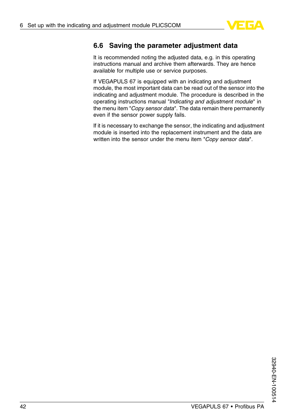 6 saving the parameter adjustment data | VEGA VEGAPULS 67 (≥ 2.0.0 - ≤ 3.8) Proﬁbus PA User Manual | Page 42 / 68