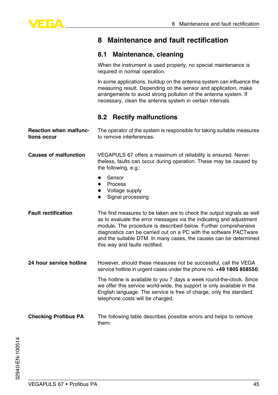 8 maintenance and fault rectification, 1 maintenance, cleaning, 2 rectify malfunctions | 8 maintenance and fault rectiﬁcation | VEGA VEGAPULS 67 (≥ 2.0.0 - ≤ 3.8) Proﬁbus PA User Manual | Page 45 / 68