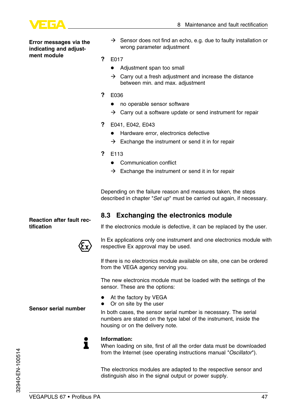 3 exchanging the electronics module | VEGA VEGAPULS 67 (≥ 2.0.0 - ≤ 3.8) Proﬁbus PA User Manual | Page 47 / 68