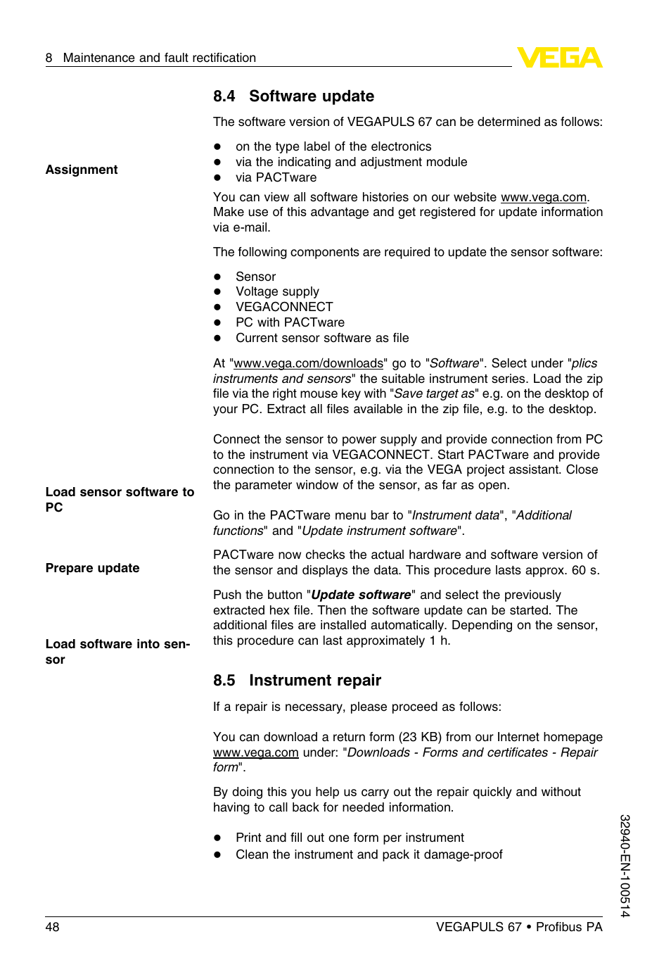 4 software update, 5 instrument repair | VEGA VEGAPULS 67 (≥ 2.0.0 - ≤ 3.8) Proﬁbus PA User Manual | Page 48 / 68