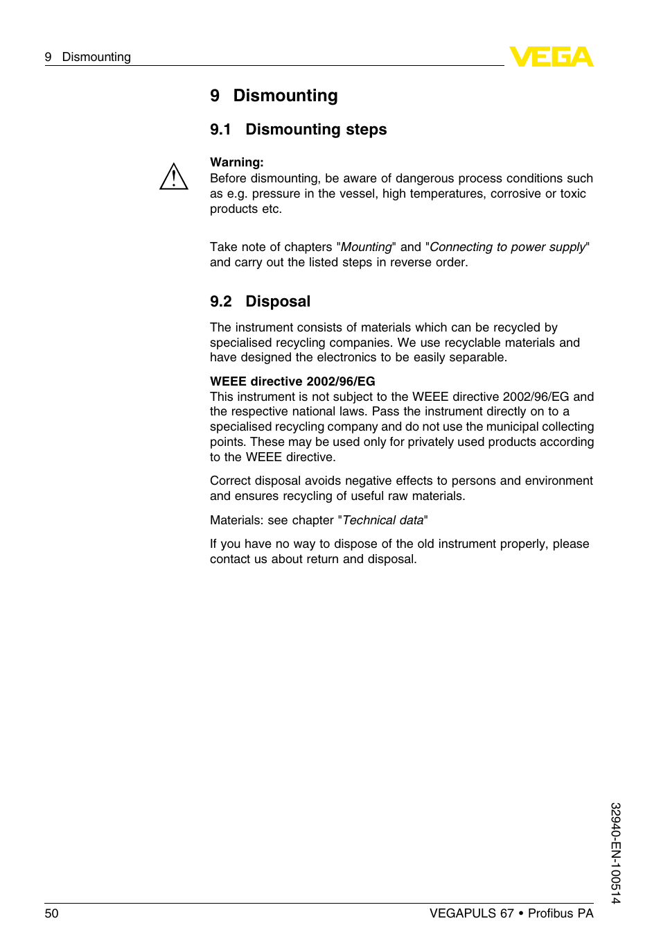 9 dismounting, 1 dismounting steps, 2 disposal | VEGA VEGAPULS 67 (≥ 2.0.0 - ≤ 3.8) Proﬁbus PA User Manual | Page 50 / 68