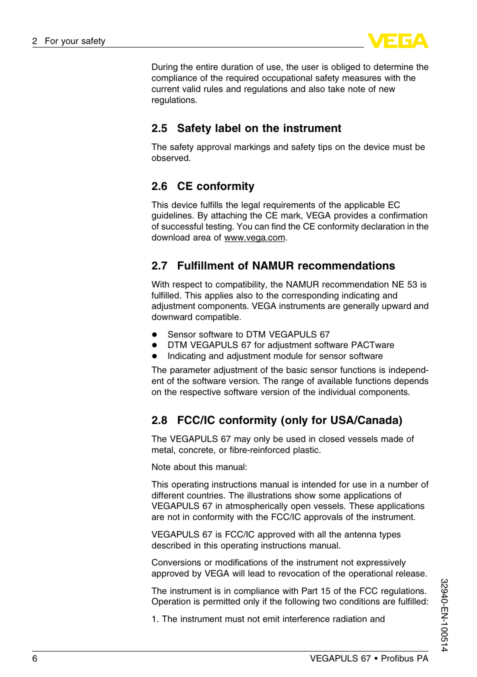 5 safety label on the instrument, 6 ce conformity, 7 fulfillment of namur recommendations | 8 fcc/ic conformity (only for usa/canada), 7 fulﬁllment of namur recommendations | VEGA VEGAPULS 67 (≥ 2.0.0 - ≤ 3.8) Proﬁbus PA User Manual | Page 6 / 68