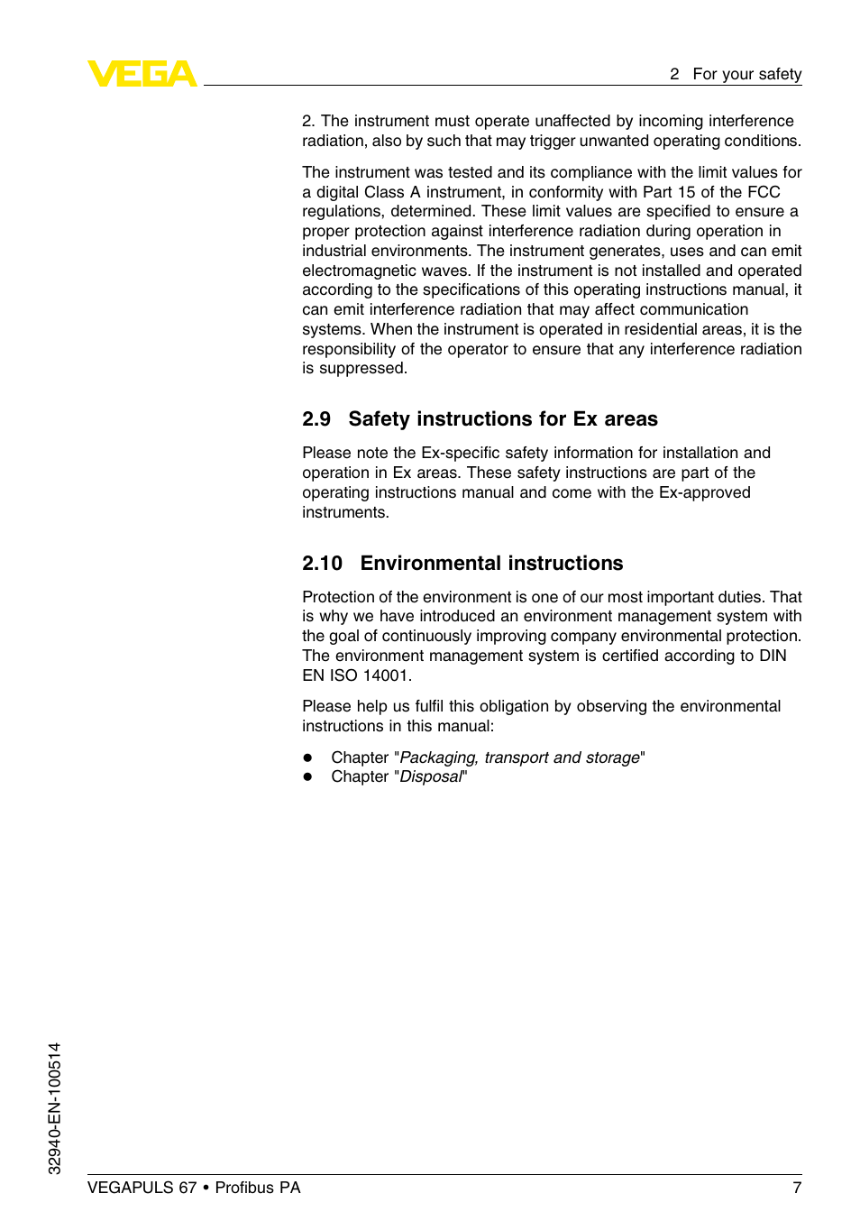 9 safety instructions for ex areas, 10 environmental instructions | VEGA VEGAPULS 67 (≥ 2.0.0 - ≤ 3.8) Proﬁbus PA User Manual | Page 7 / 68