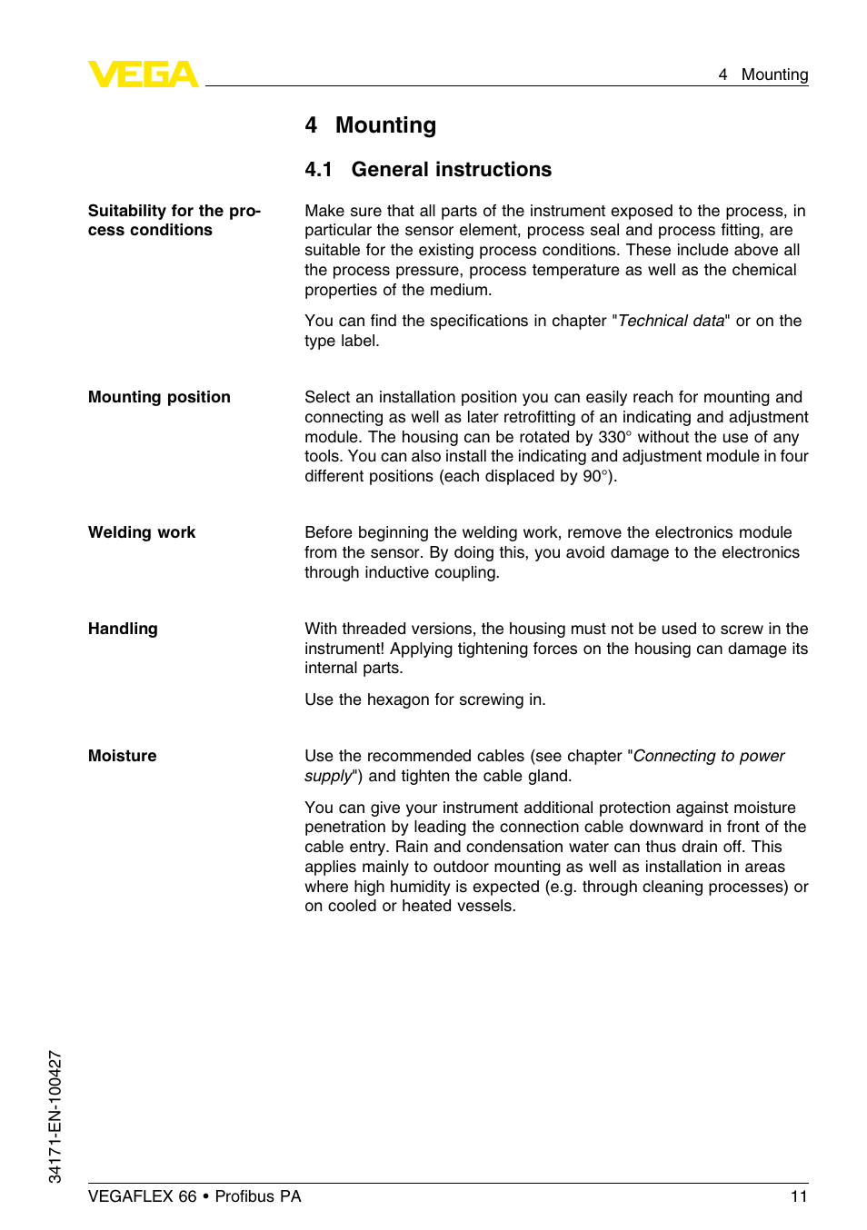 4 mounting, 1 general instructions | VEGA VEGAFLEX 66 (-20…+250°C) Profibus PA User Manual | Page 11 / 64