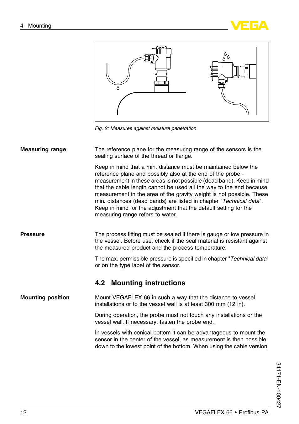 2 mounting instructions | VEGA VEGAFLEX 66 (-20…+250°C) Profibus PA User Manual | Page 12 / 64