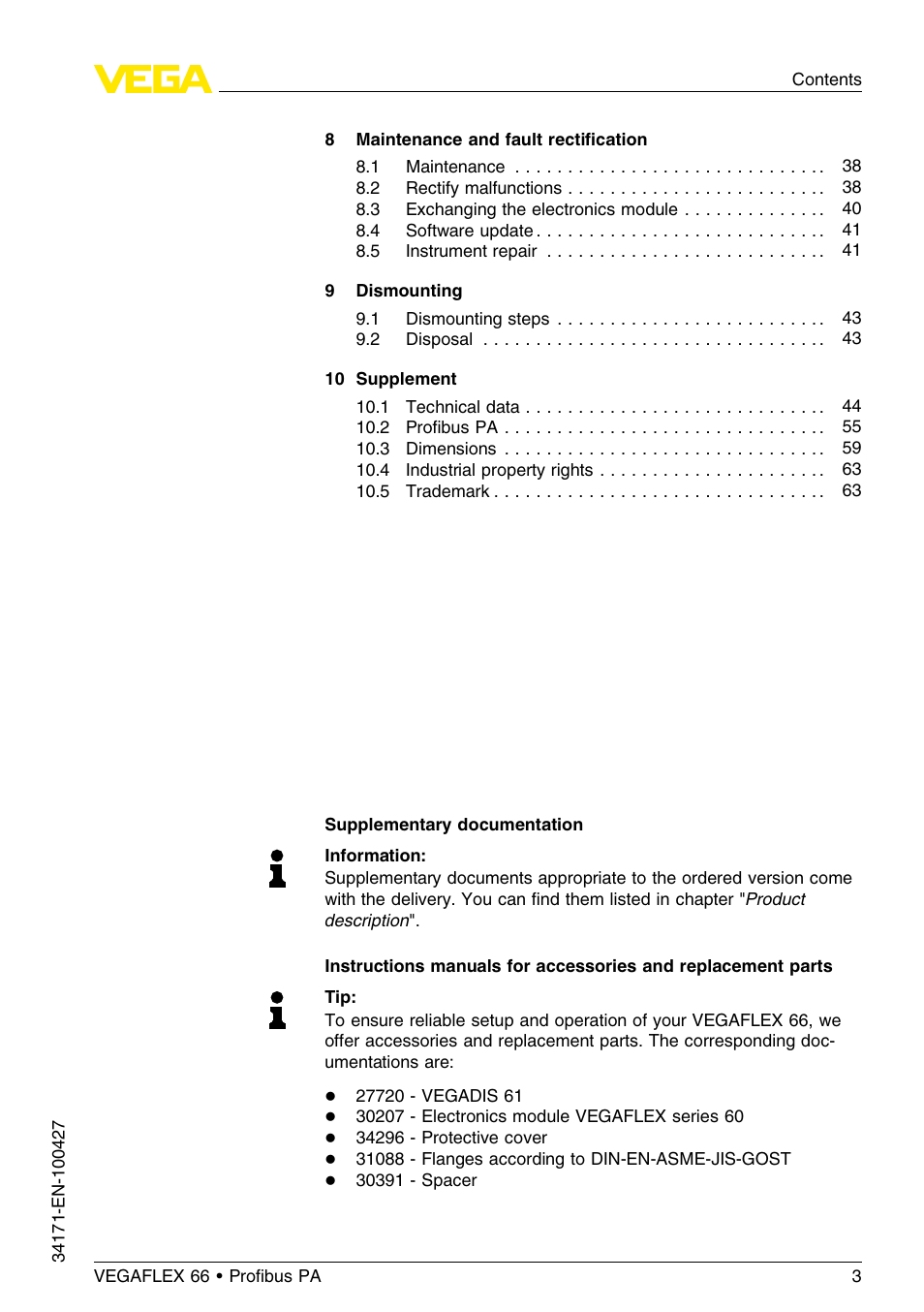 VEGA VEGAFLEX 66 (-20…+250°C) Profibus PA User Manual | Page 3 / 64
