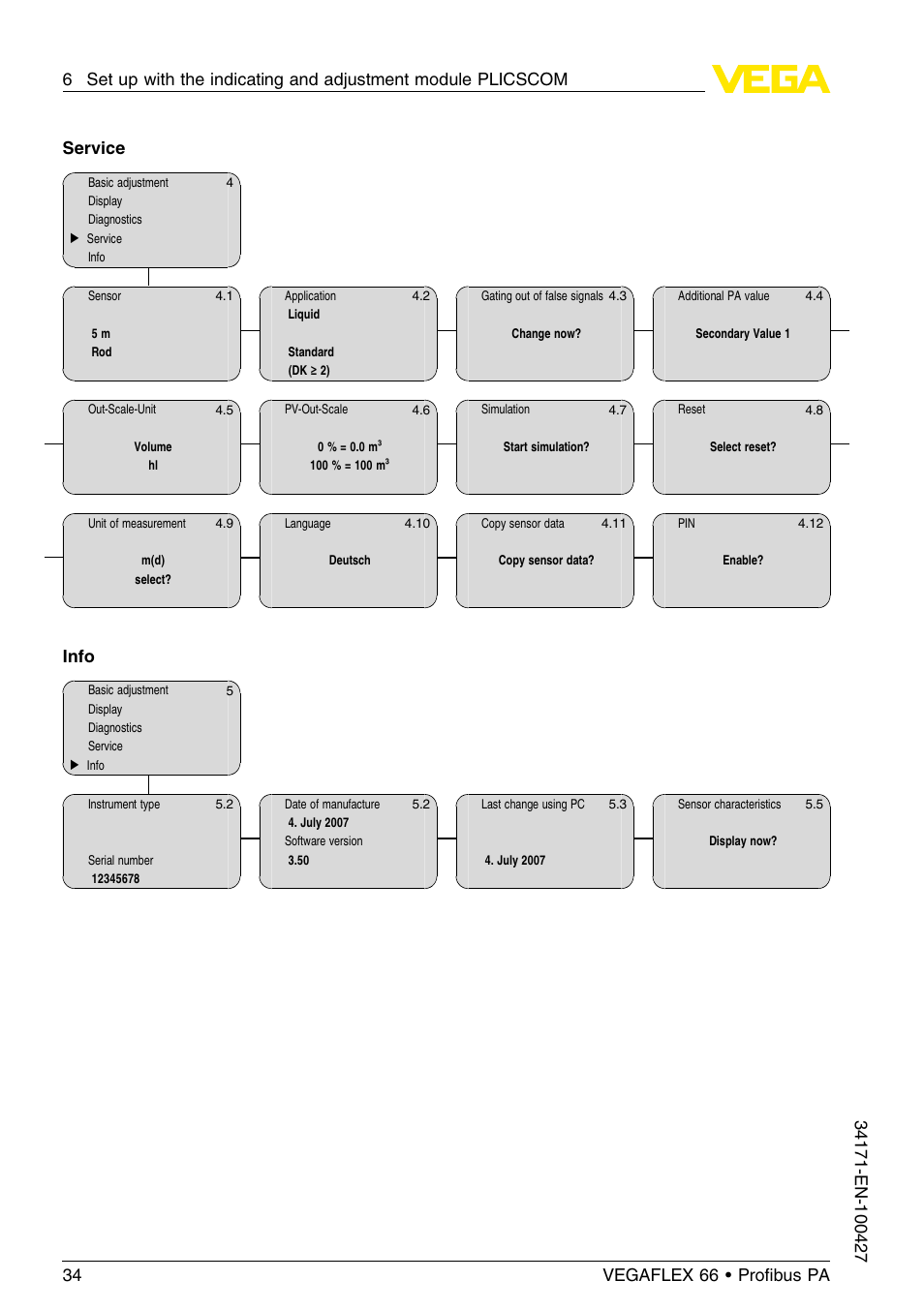 Service, Info | VEGA VEGAFLEX 66 (-20…+250°C) Profibus PA User Manual | Page 34 / 64