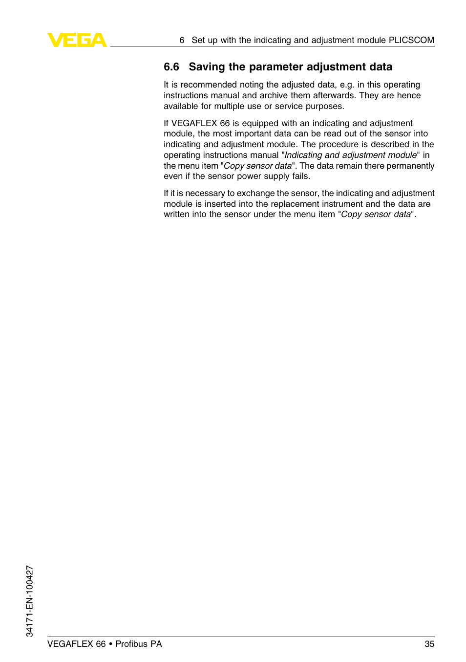 6 saving the parameter adjustment data | VEGA VEGAFLEX 66 (-20…+250°C) Profibus PA User Manual | Page 35 / 64