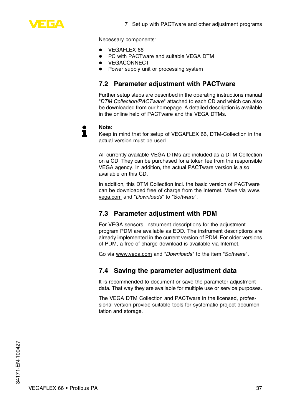 2 parameter adjustment with pactware, 3 parameter adjustment with pdm, 4 saving the parameter adjustment data | VEGA VEGAFLEX 66 (-20…+250°C) Profibus PA User Manual | Page 37 / 64
