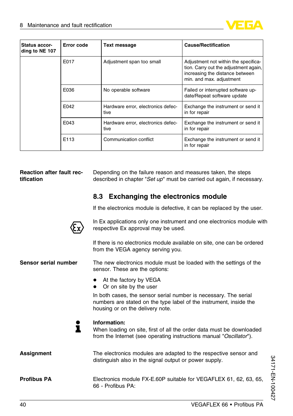 3 exchanging the electronics module | VEGA VEGAFLEX 66 (-20…+250°C) Profibus PA User Manual | Page 40 / 64