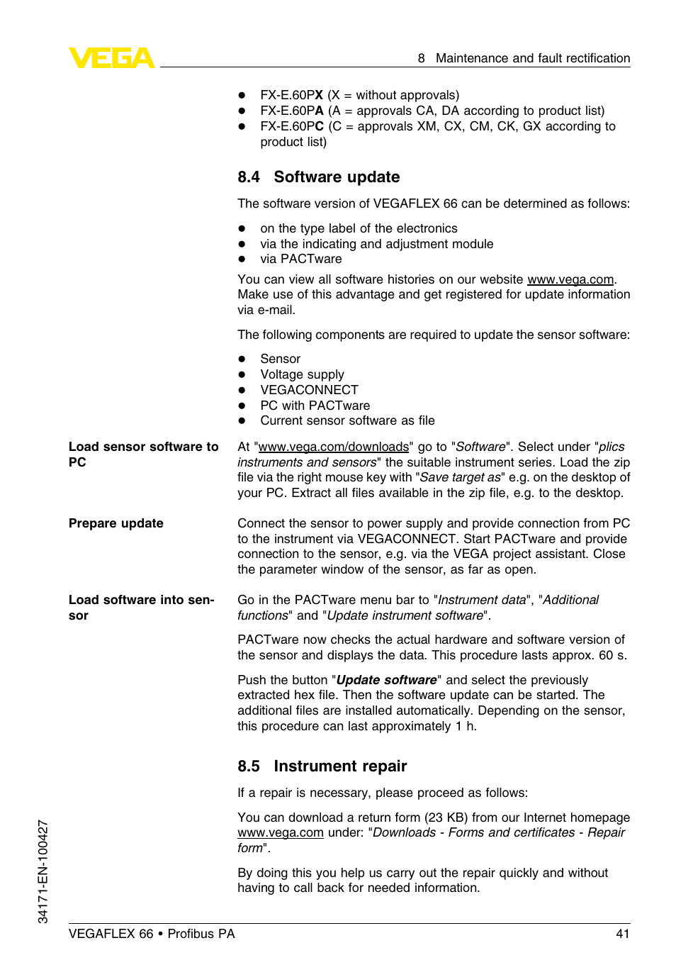 4 software update, 5 instrument repair | VEGA VEGAFLEX 66 (-20…+250°C) Profibus PA User Manual | Page 41 / 64