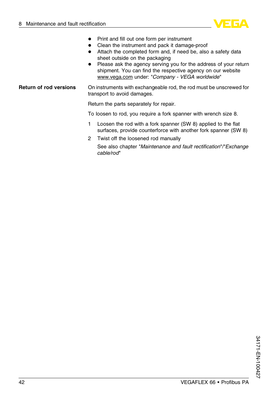 VEGA VEGAFLEX 66 (-20…+250°C) Profibus PA User Manual | Page 42 / 64