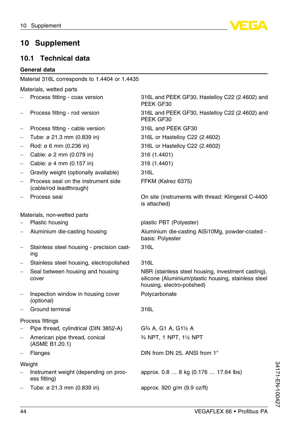 10 supplement, 1 technical data | VEGA VEGAFLEX 66 (-20…+250°C) Profibus PA User Manual | Page 44 / 64
