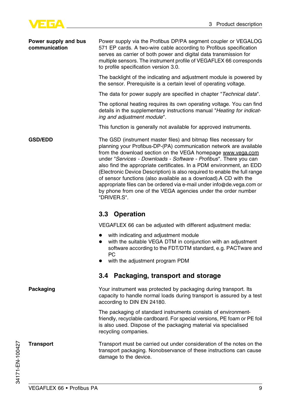3 operation, 4 packaging, transport and storage | VEGA VEGAFLEX 66 (-20…+250°C) Profibus PA User Manual | Page 9 / 64