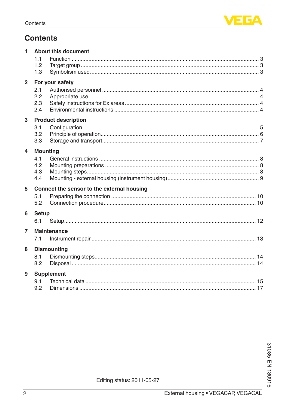 VEGA VEGACAL External housing User Manual | Page 2 / 20