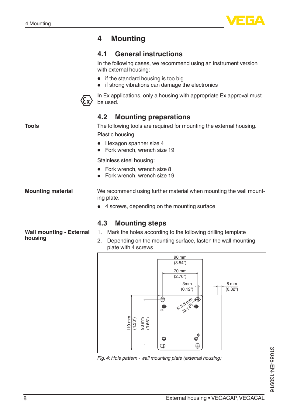 4 mounting, 1 general instructions, 2 mounting preparations | 3 mounting steps | VEGA VEGACAL External housing User Manual | Page 8 / 20