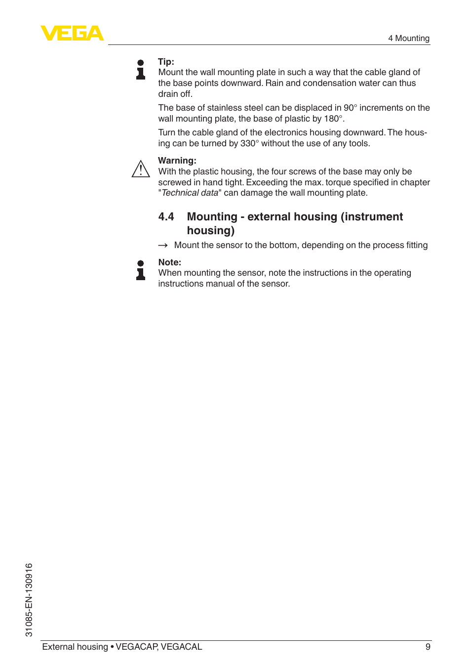 4 mounting - external housing (instrument housing) | VEGA VEGACAL External housing User Manual | Page 9 / 20