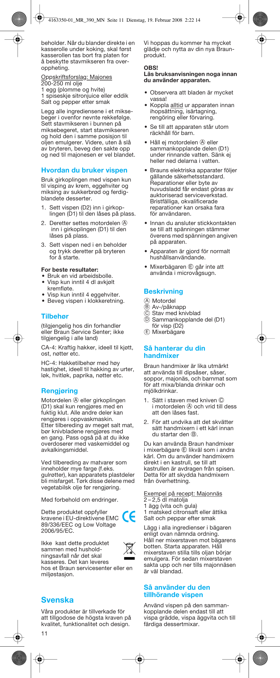 Svenska | Braun MR 400 MULTIQUICK User Manual | Page 11 / 22