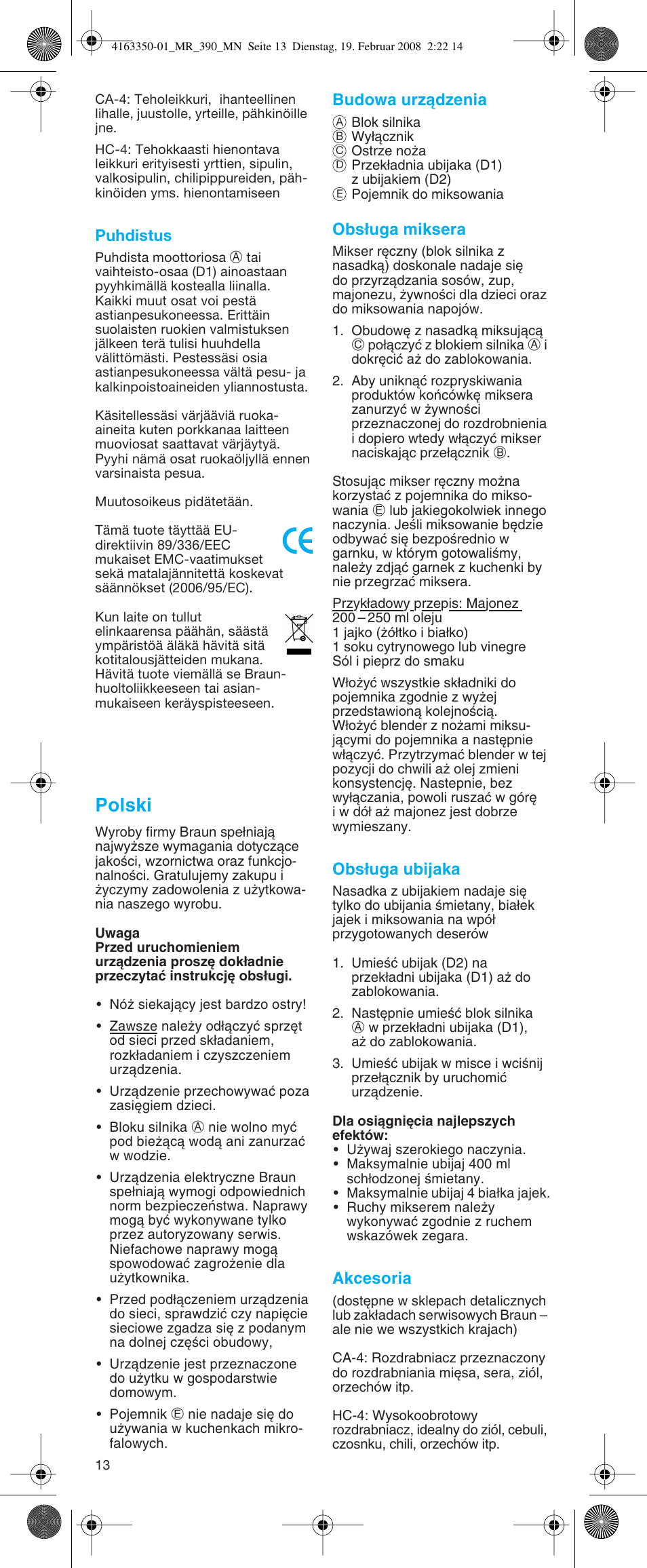 Polski | Braun MR 400 MULTIQUICK User Manual | Page 13 / 22