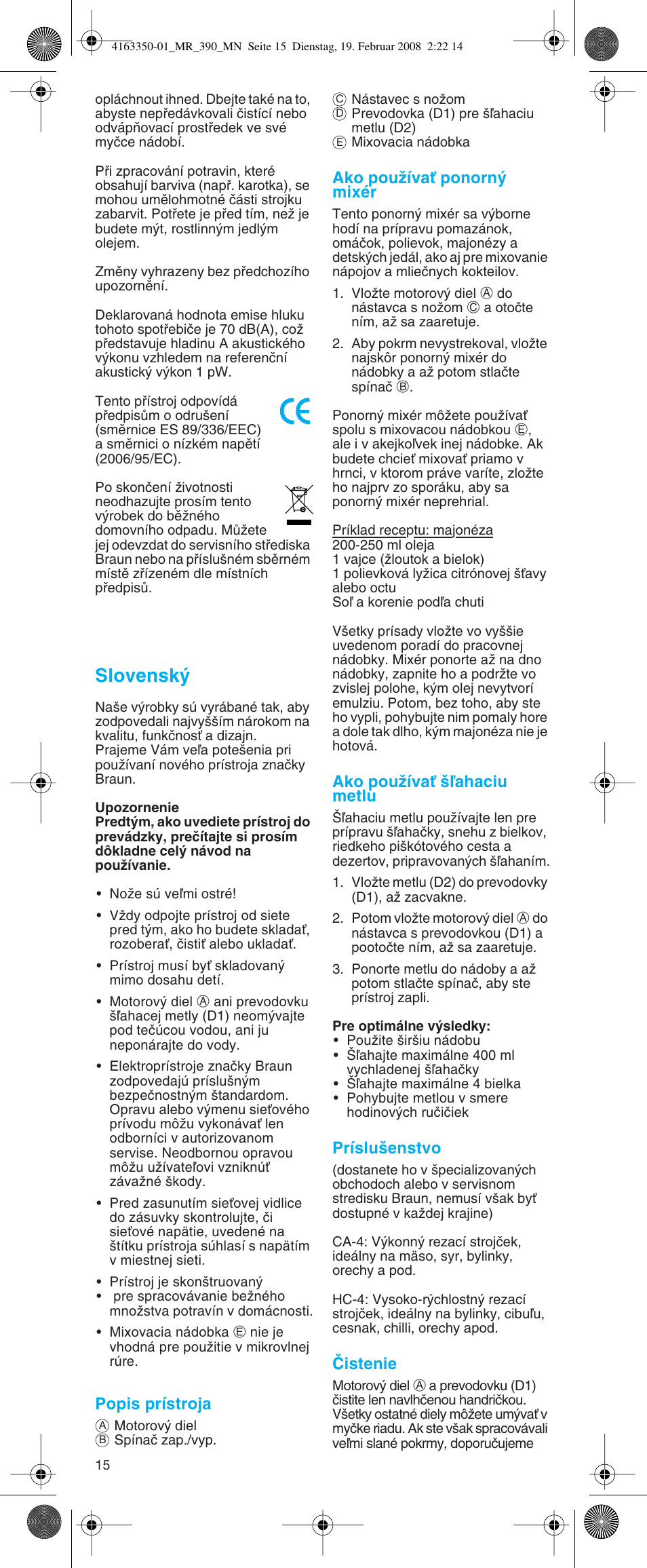Slovensk | Braun MR 400 MULTIQUICK User Manual | Page 15 / 22