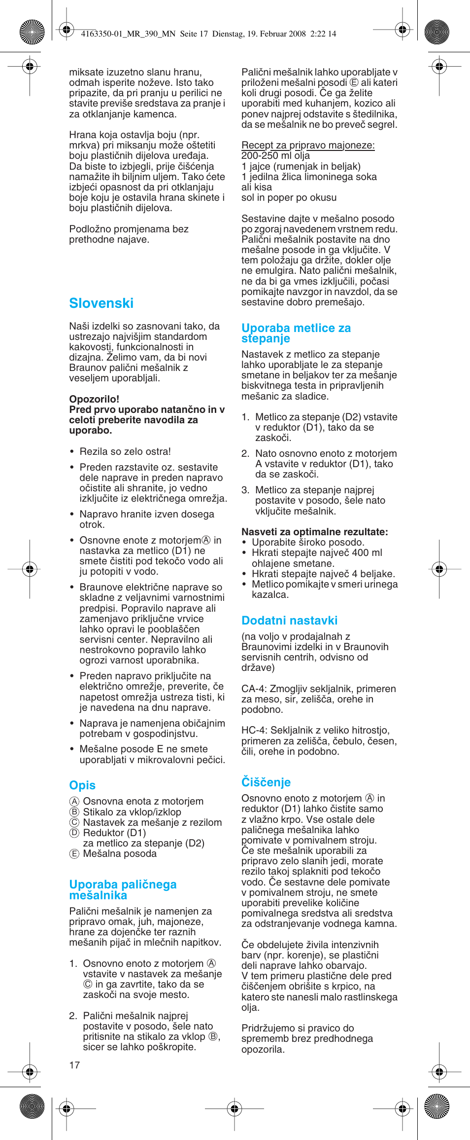 Slovenski | Braun MR 400 MULTIQUICK User Manual | Page 17 / 22