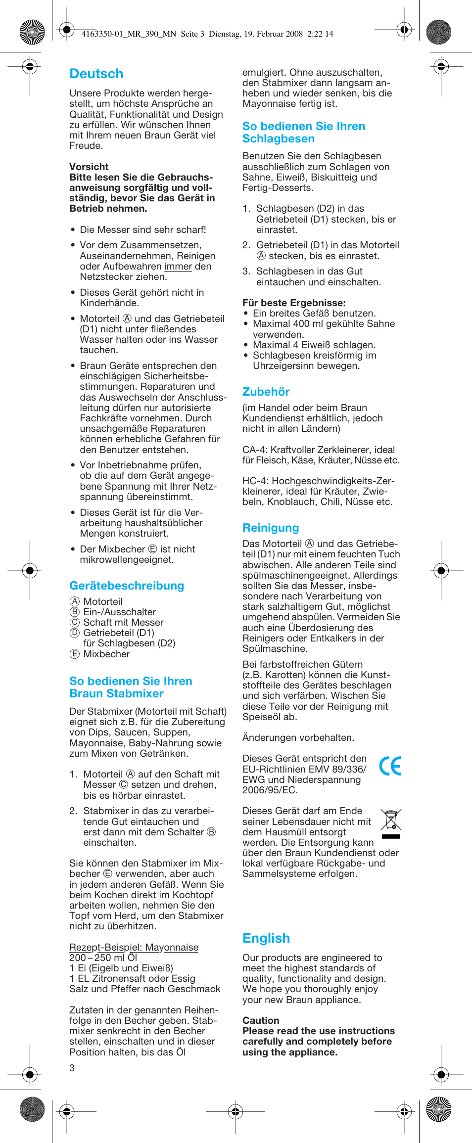 Deutsch, English | Braun MR 400 MULTIQUICK User Manual | Page 3 / 22