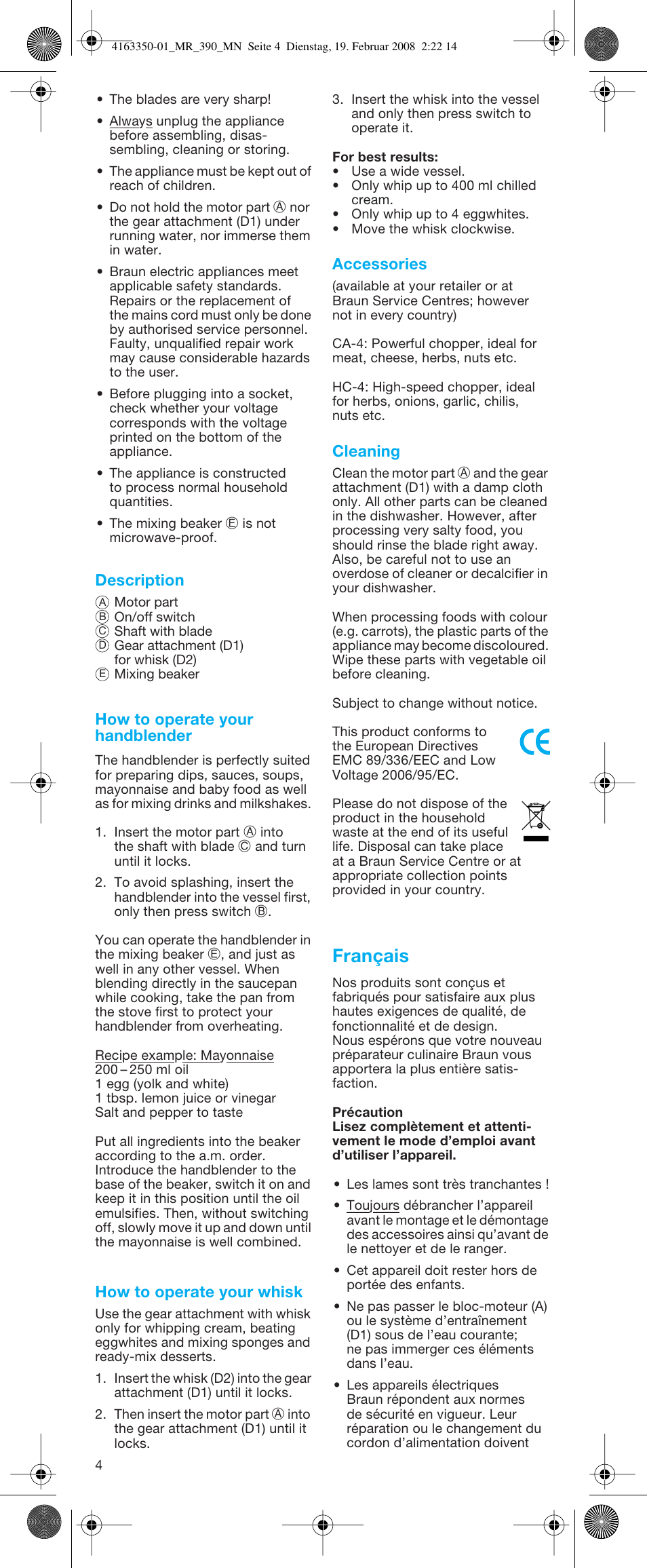 Français | Braun MR 400 MULTIQUICK User Manual | Page 4 / 22