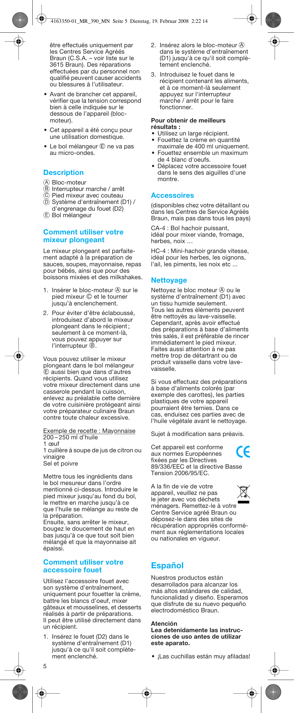 Español | Braun MR 400 MULTIQUICK User Manual | Page 5 / 22