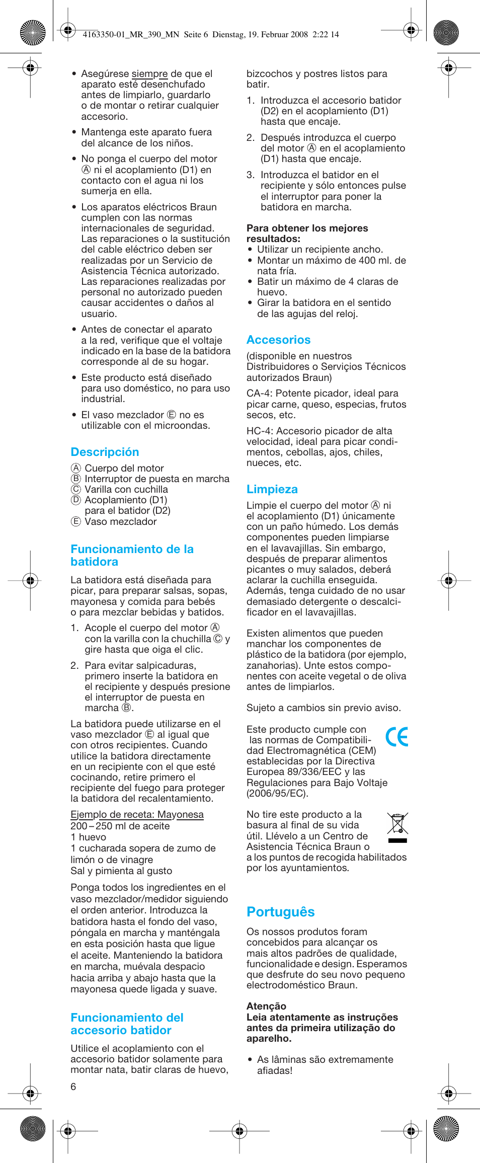 Português | Braun MR 400 MULTIQUICK User Manual | Page 6 / 22