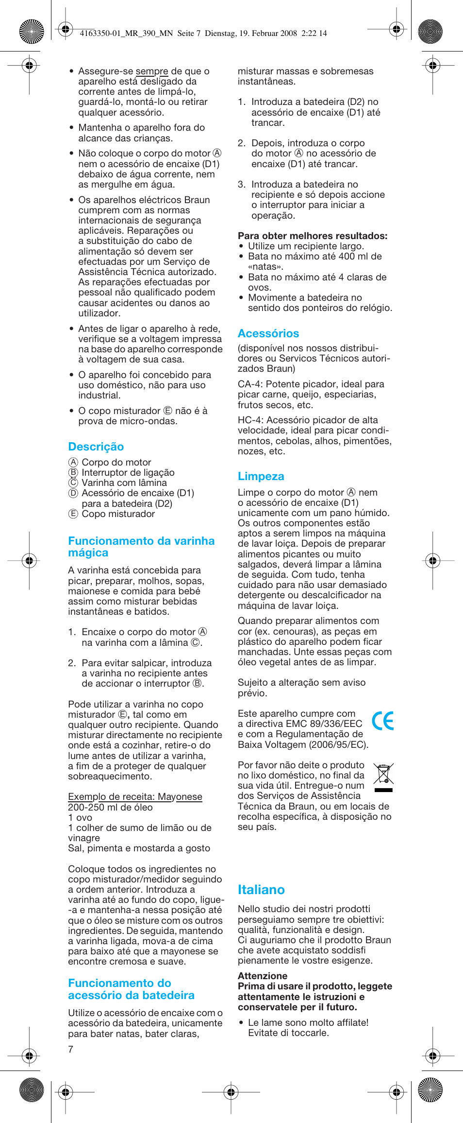 Italiano | Braun MR 400 MULTIQUICK User Manual | Page 7 / 22